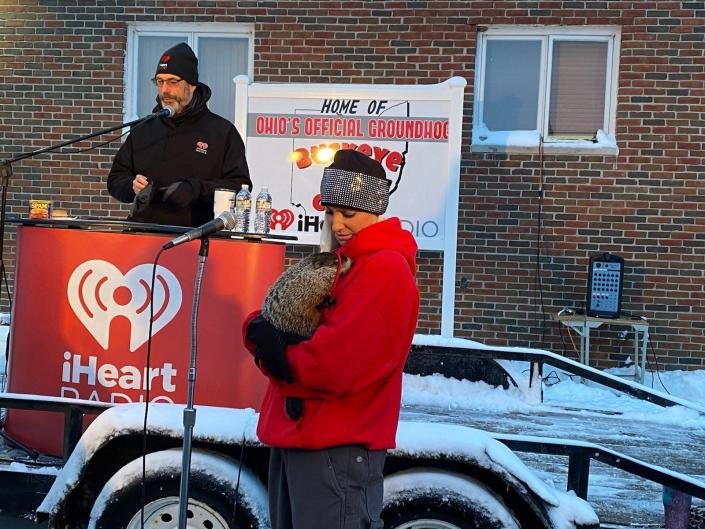 Ashley Kokas of Kokas Exotics holds Buckeye Chuck during the 2021 Groundhog Day festivities at WMRN studios in Marion. Chuck did not see his shadow and predicted an early spring for 2021. This year&#39;s event is scheduled to begin at 7 a.m. on Wednesday, Feb. 2 at the WMRN studios located at 1330 N. Main St.
