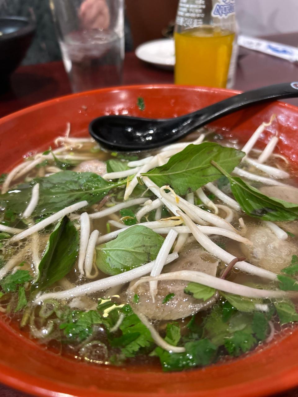 Pho Tai Chin is a beef noodle soup with rare beef, brisket and meatballs, topped with green onion, cilantro, bamboo shoots, basil and a squeeze of lime.