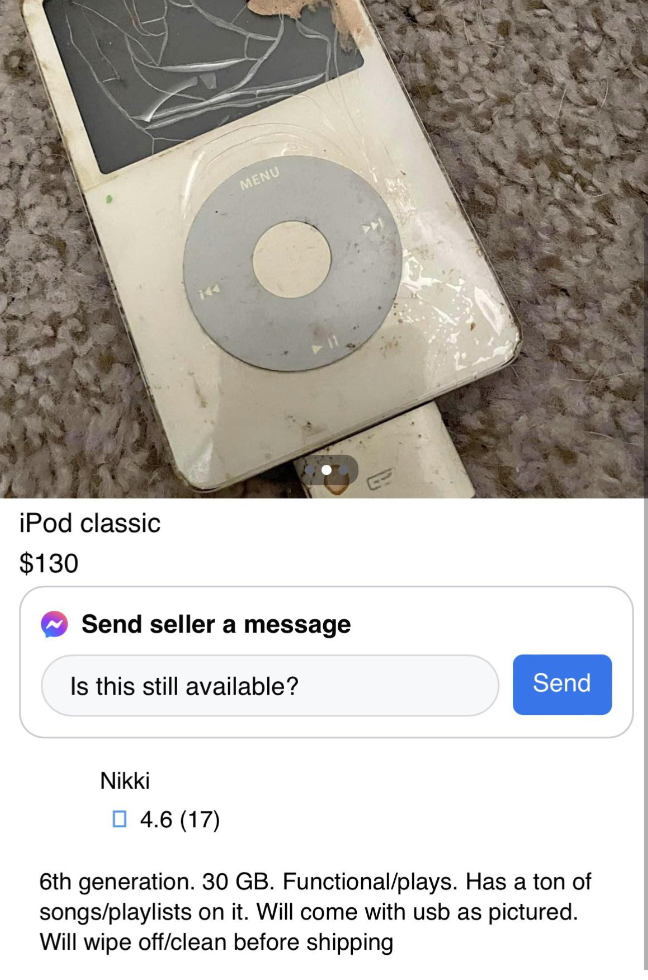 Damaged iPod Classic for sale with message option, specifies it's functional and will be cleaned