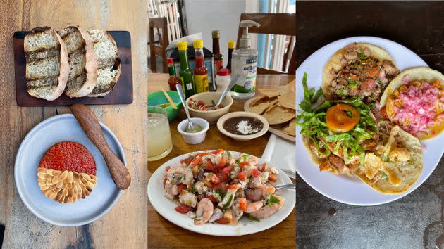 From left to right: a starter at Arca, ceviche at El Camello Jr. and tacos at Taqueria Honorio. (Photo: Caroline Bologna/HuffPost)