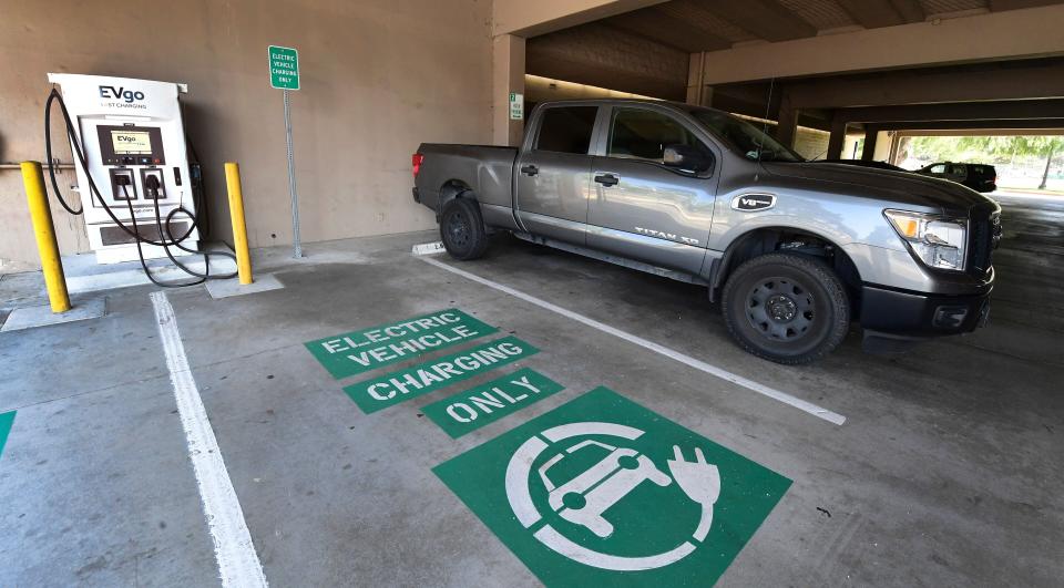 A space remains open for an electric vehicle at a EV charging station in Monterey Park, California. (Photo: FREDERIC J. BROWN via Getty Images)