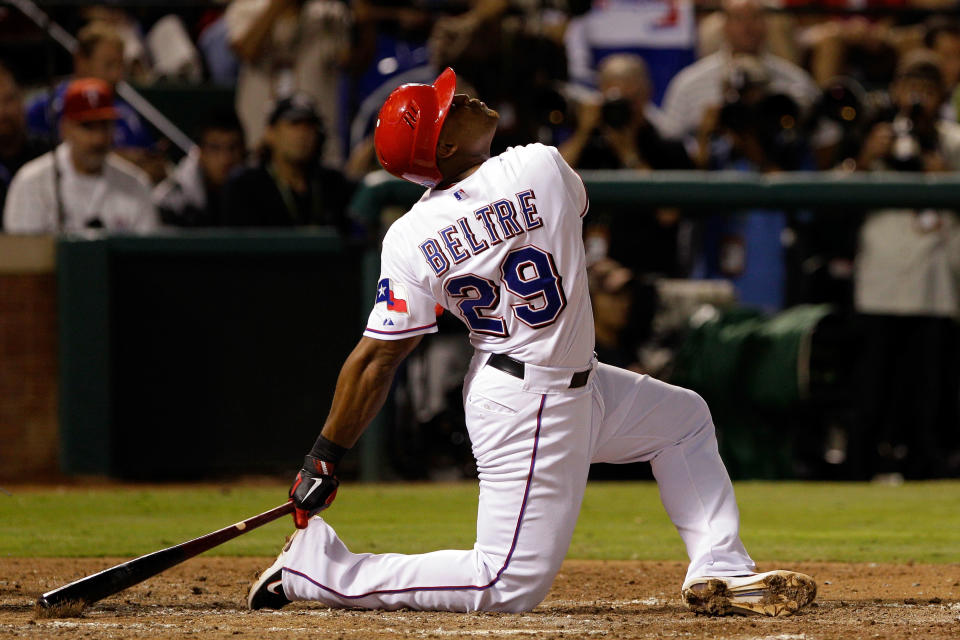 ARLINGTON, TX - OCTOBER 24: Adrian Beltre #29 of the Texas Rangers bats in the fourth inning during Game Five of the MLB World Series against the St. Louis Cardinals at Rangers Ballpark in Arlington on October 24, 2011 in Arlington, Texas. (Photo by Rob Carr/Getty Images)