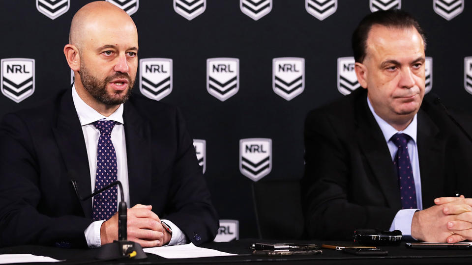 Todd Greenberg and Peter V'landys, pictured here addressing the media in Sydney.