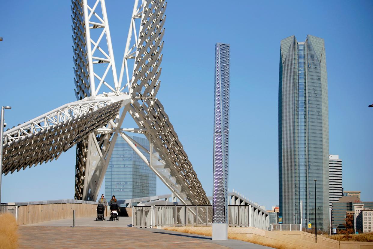 People walk on Skydance Bridge this year at Scissortail Park.