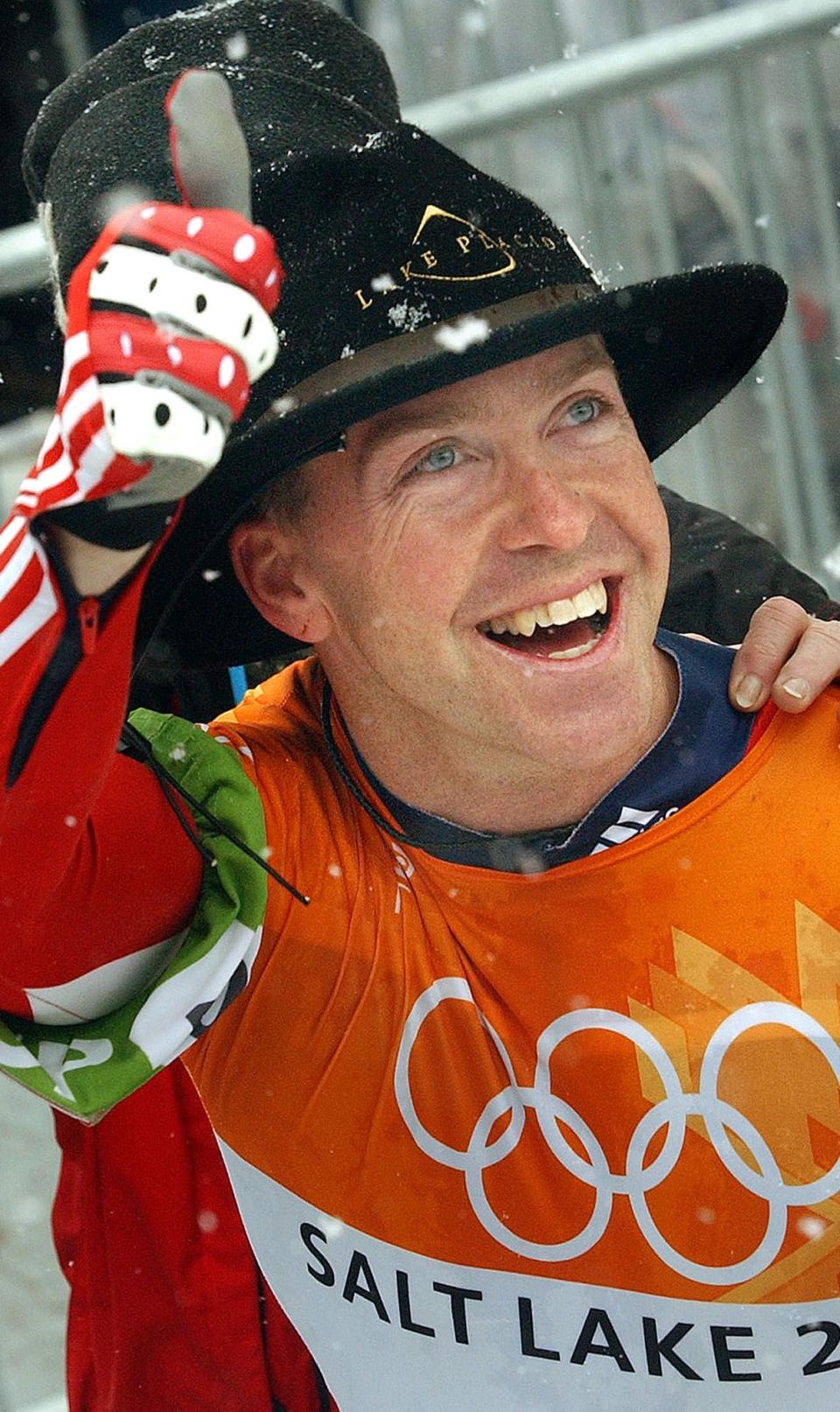 USA’s Jim Shea celebrates his gold-medal skeleton run at the Utah Olympic Park on Feb. 20, 2002. | Laura Seitz, Deseret News