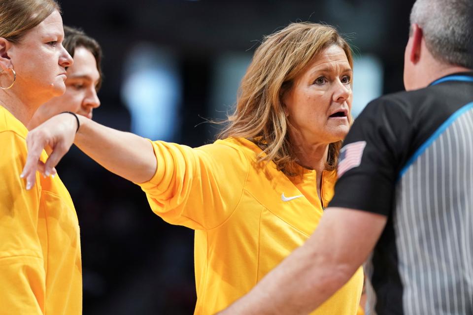 Missouri head coach Robin Pingeton talks with an official during the first half of an NCAA college basketball game against South Carolina, Sunday, Jan. 15, 2023, in Columbia, S.C. (AP Photo/Sean Rayford)