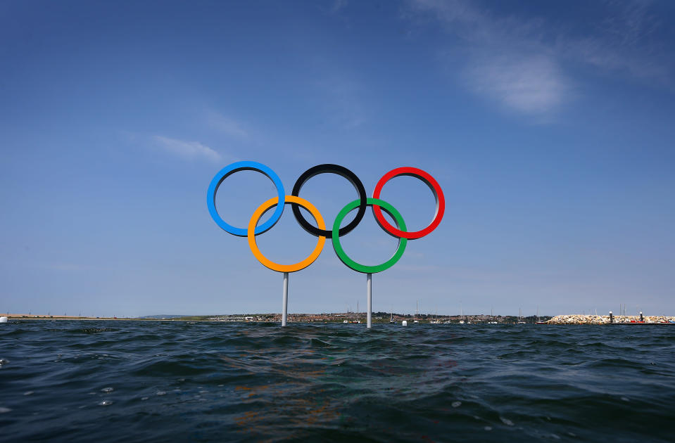 The Olympic rings as seen from the water during training at the Weymouth & Portland Venue ahead of the London 2012 Olympic Games on July 27, 2012 in Weymouth, England. (Photo by Clive Mason/Getty Images)