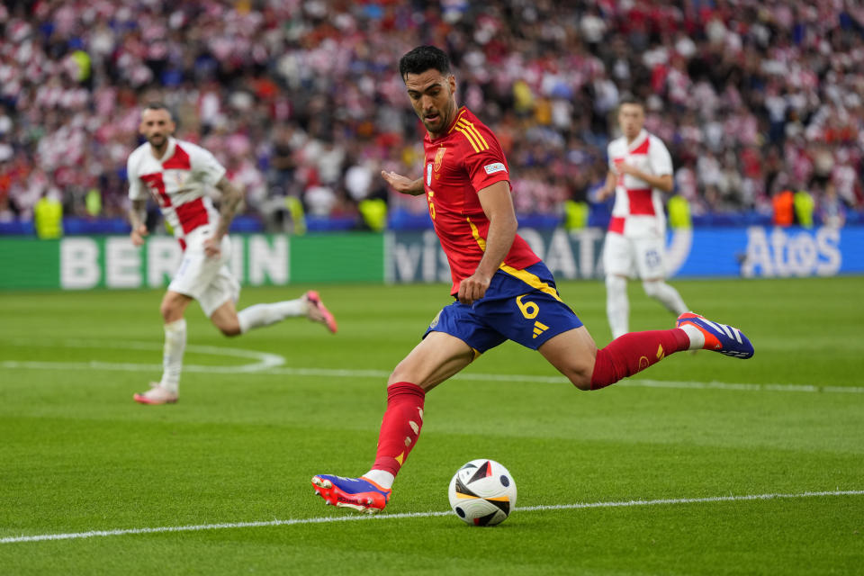 Spain's Mikel Merino shoots the ball during a Group B match between Spain and Croatia at the Euro 2024 soccer tournament in Berlin, Germany, Saturday, June 15, 2024. Spain defeated Croatia 3-0. (AP Photo/Manu Fernandez)