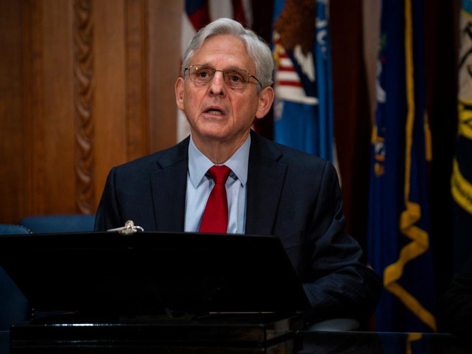 U.S. Attorney General Merrick Garland delivers remarks regarding Tuesday's verdict in the trial of several Oath Keepers leaders and members, at the Department of Justice on Nov. 30 in Washington.