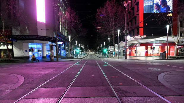 An empty Bourke Street is seen after a citywide curfew was introduced to slow the spread of the coronavirus, in Melbourne, Australia, August 2, 2020. / Credit: AAP Image/Erik Anderson via REUTERS