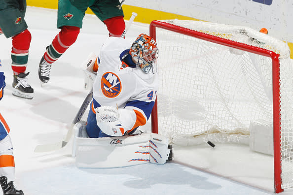 ST. PAUL, MN - DECEMBER 29: Chris Stewart #7 of the Minnesota Wild scores a goal against Jaroslav Halak #41 of the New York Islanders during the game on December 29, 2016 at the Xcel Energy Center in St. Paul, Minnesota. (Photo by Bruce Kluckhohn/NHLI via Getty Images)