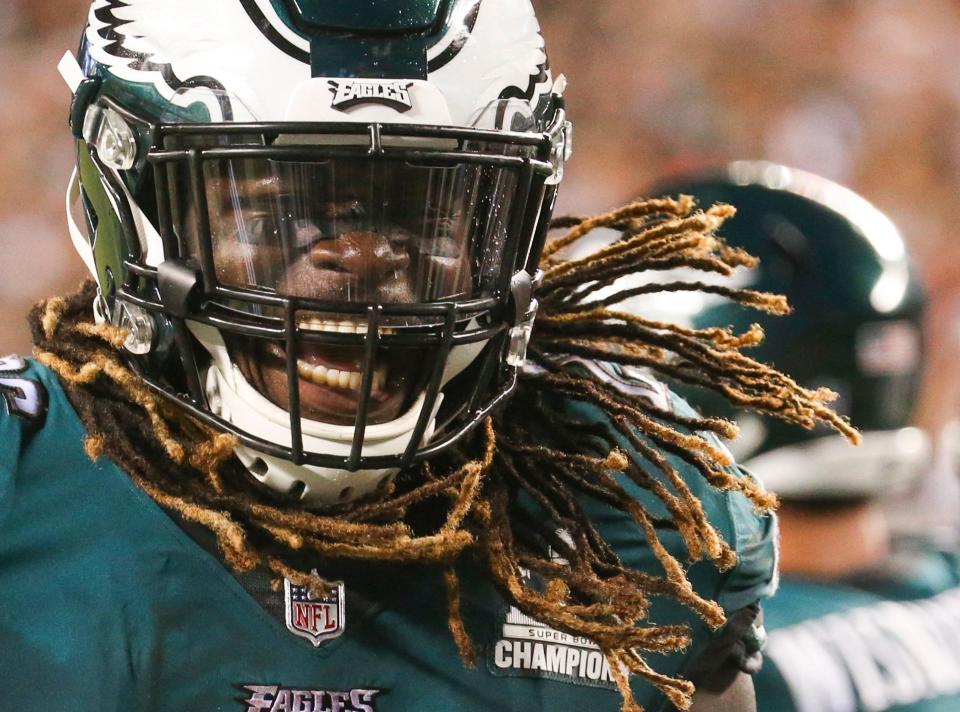 Eagles running back Jay Ajayi celebrates after his touchdown in the fourth quarter provided the difference in Philadelphia's 18-12 win against Atlanta in the NFL season-opener in Thursday Night Football at Lincoln Financial Field.