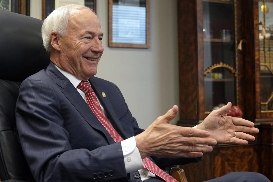 Former Arkansas Gov. Asa Hutchinson speaks during an interview in his office Wednesday, April 19, 2023, in Rogers, Ark.. (AP Photo/Sue Ogrocki)