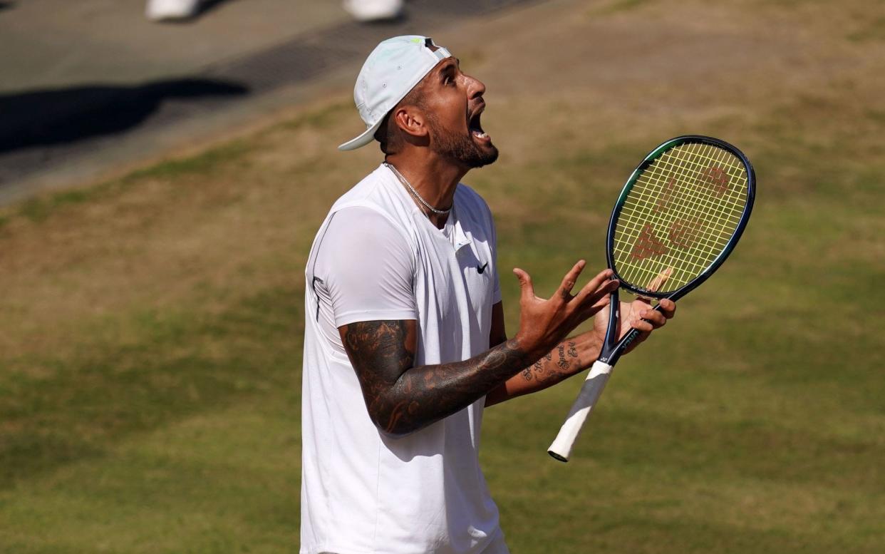 Nick Kyrgios reacts during The Final of the Gentlemen's Singles against Novak Djokovic on day fourteen of the 2022 Wimbledon Championships at the All England Lawn Tennis and Croquet Club, Wimbledon - 'She's had 700 drinks, bro!': Nick Kyrgios berates 'drunk' fan and players' box as tempers fray - PA