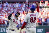 Philadelphia Phillies designated hitter Bryce Harper (3) runs the bases after his solo homer during the eighth inning in Game 4 of baseball's National League Division Series between the Philadelphia Phillies and the Atlanta Braves, Saturday, Oct. 15, 2022, in Philadelphia. (AP Photo/Matt Slocum)