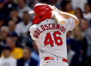 St. Louis Cardinals' Paul Goldschmidt bats during the seventh inning of a baseball game against the Milwaukee Brewers, Thursday, Sept. 23, 2021, in Milwaukee. (AP Photo/Jeffrey Phelps)