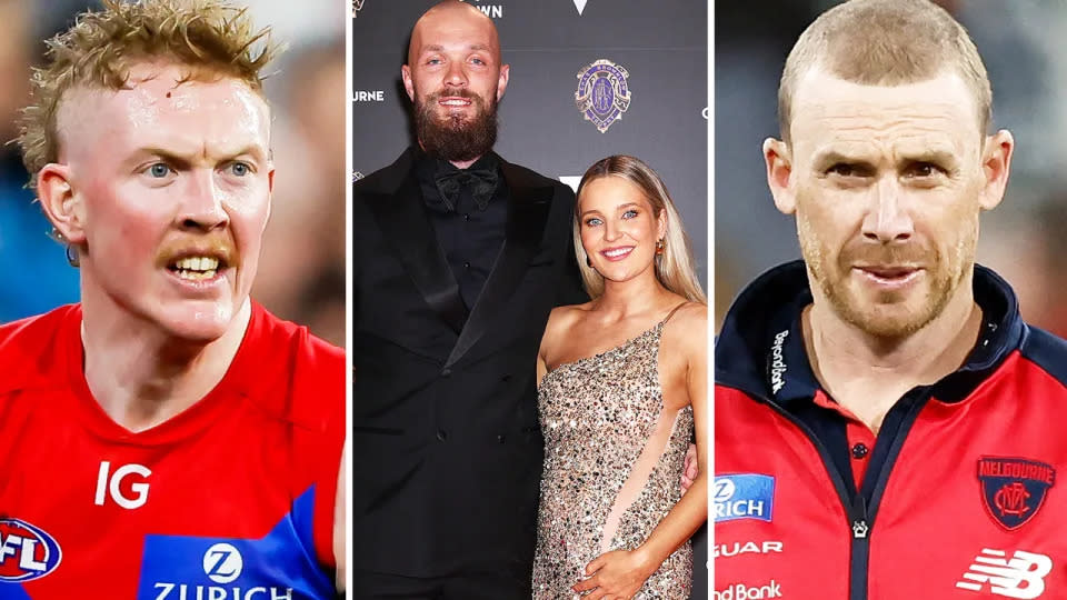 These images show Melbourne Demons players Clayton Oliver, Max Gawn and coach Simon Goodwin.