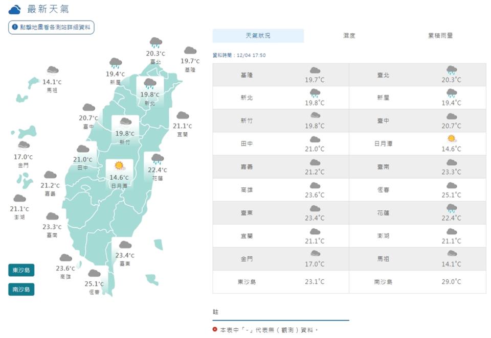 中央氣象署4日下午發布大雨特報表示，因為鋒面及華南雲雨區東移影響，在基隆北海岸、新北、桃園、新竹、宜蘭地區及台北市山區有局部大雨發生。
