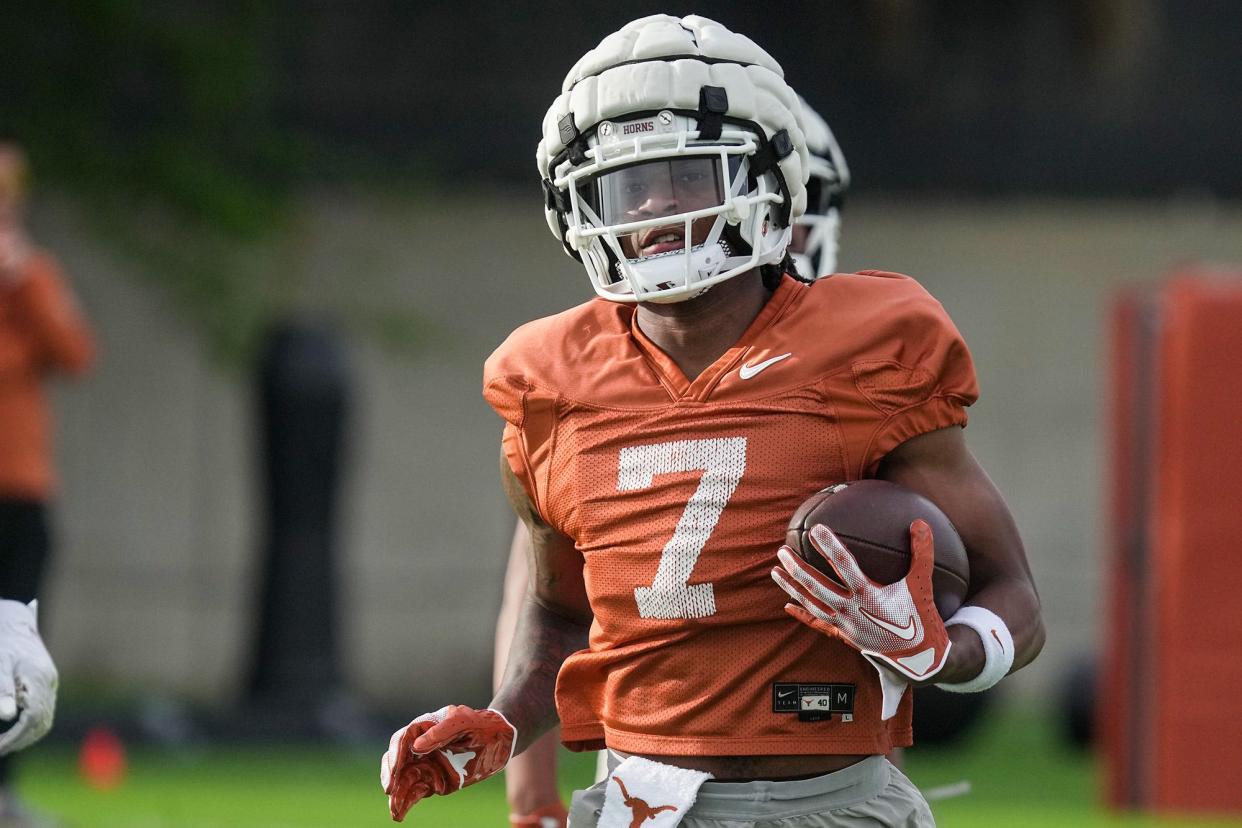 Texas wide receiver Isaiah Bond races downfield during a football practice in March. Bond is one of several new players that have arrived in the offseason. He transferred in from Alabama.