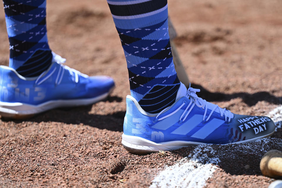 Baltimore Orioles' Jorge Mateo wears Father's Day cleats during a baseball game against the Tampa Bay Rays, Sunday, June 19, 2022, in Baltimore. (AP Photo/Terrance Williams)