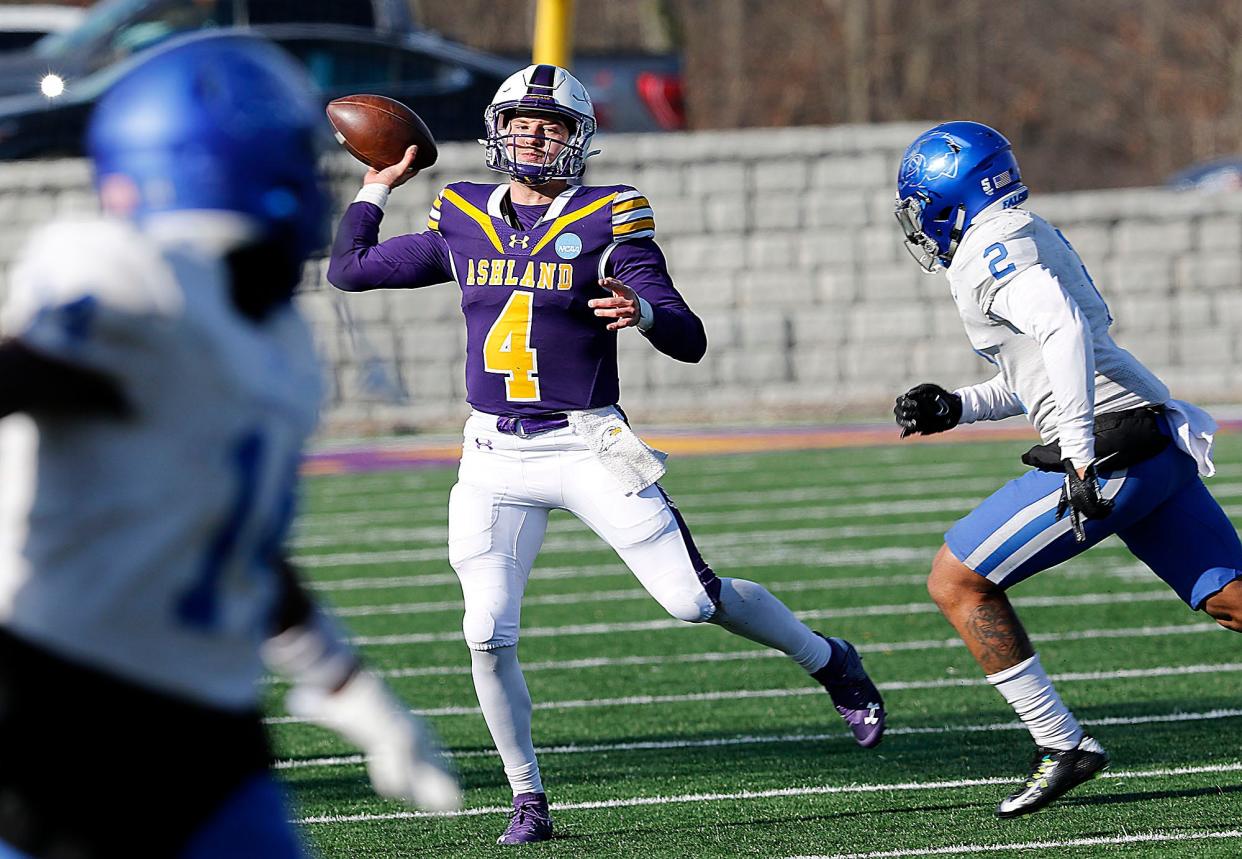 Ashland University's Austin Brenner (4) throws a pass against Notre Dame College during their NCAA Division II college football playoff game at Jack Miler Stadium Saturday, Nov. 19, 2022. AU won the game 20-13 to advance to the second round of the NCAA playoffs. TOM E. PUSKAR/ASHLAND TIMES-GAZETTE