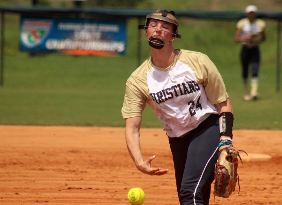 University Christian's Sophia Kardatzke (24) delivers a pitch during the FHSAA Class 2A high school softball championship.