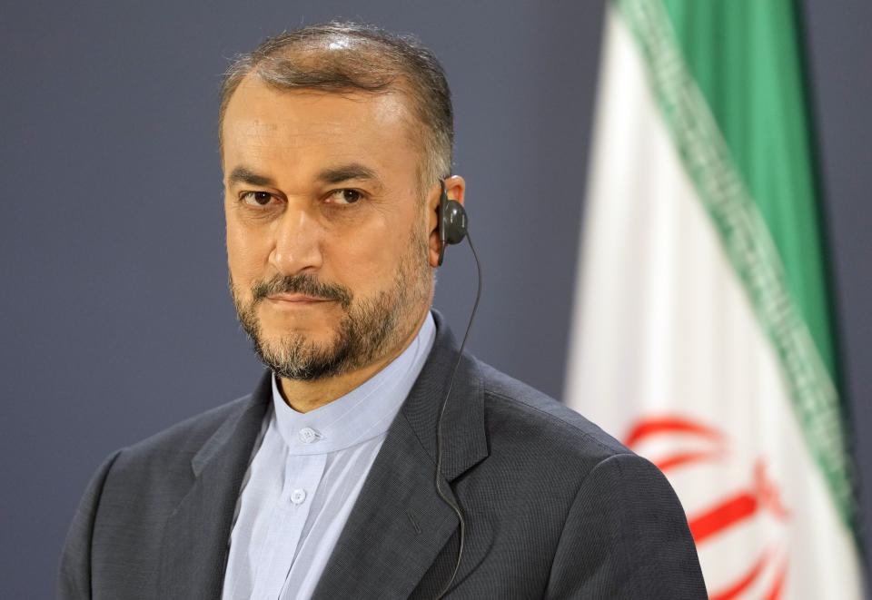 Iranian Foreign Minister Hossein Amirabdollahian listens to his Serbian counterpart Ivica Dacic during a press conference after talks in Belgrade, Serbia, Sunday, Dec. 4, 2022. Amirabdollahian is on a two-day official visit to Serbia. (AP Photo/Darko Vojinovic)