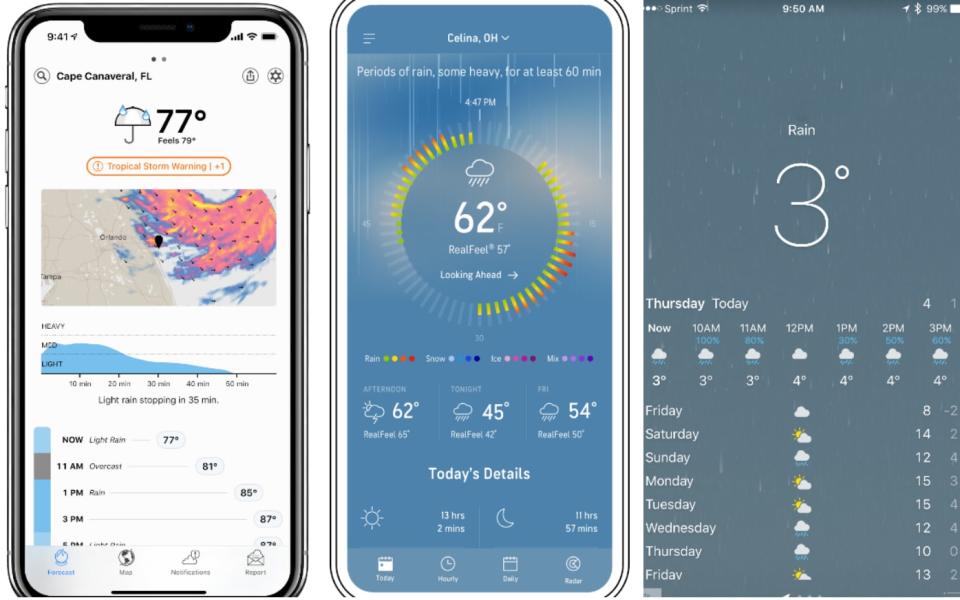 From left to right: Dark Sky, AccuWeather, Apple Weather - Apple/ AccuWeather