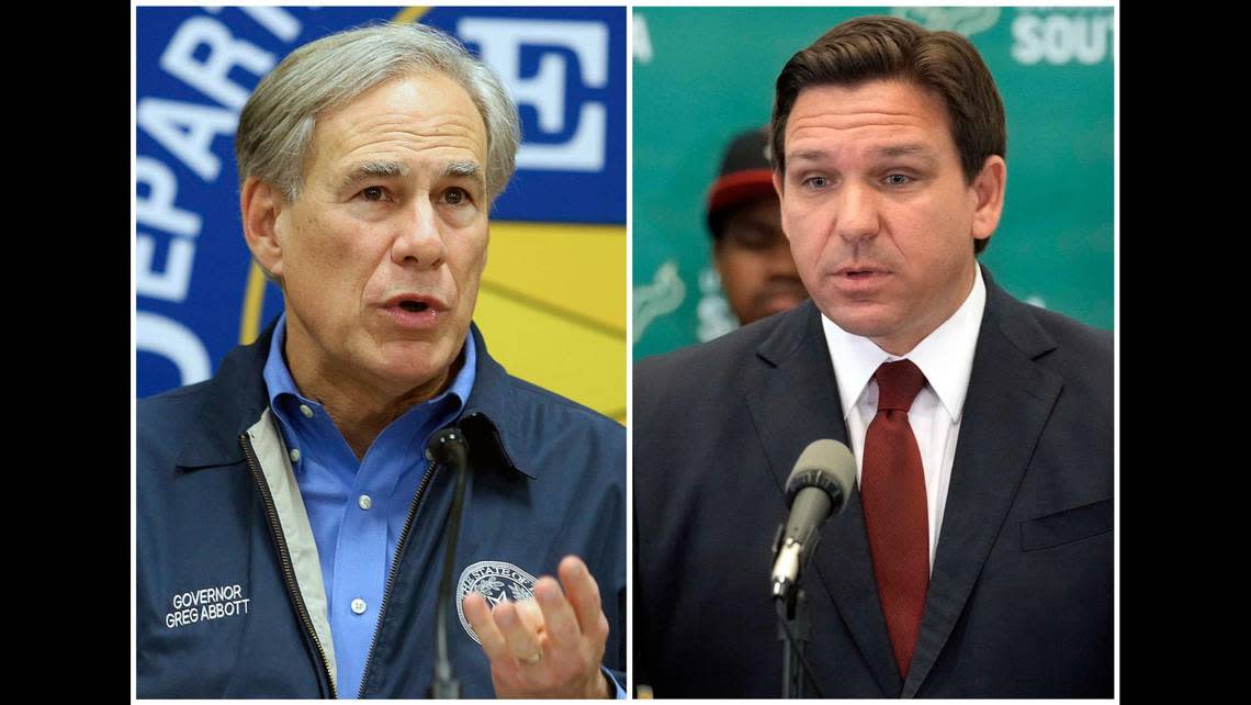 Florida Gov. Ron DeSantis and Texas Gov. Greg Abbott are twin political sons of Donald Trump’s GOP. Both restrict women’s constitutional right to abortion and stage anti-immigrant stunts for the consumption of Republican voters in their states.