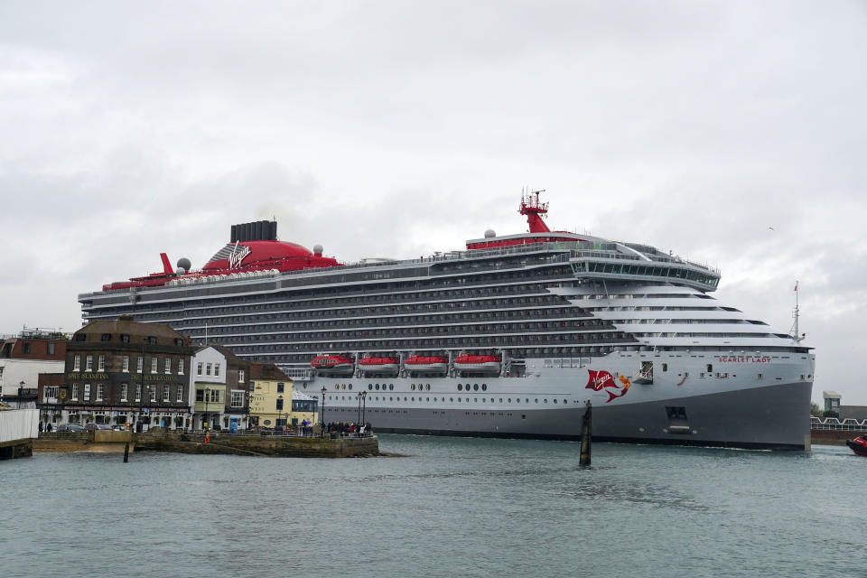 Virgin Voyage's luxury cruise ship Scarlet Lady arrives into Portsmouth for the first time. The 110,000-tonne liner is the largest ship to have ever docked in the city, bigger than both of the Royal Navy's aircraft carriers. Picture date: Monday June 21, 2021. (Photo by Steve Parsons/PA Images via Getty Images)