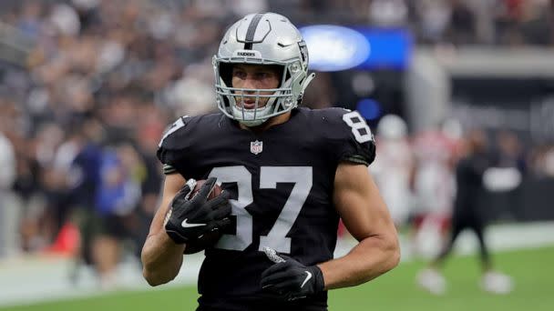 PHOTO: Foster Moreau #87 of the Las Vegas Raiders warms up before the game against the Arizona Cardinals at Allegiant Stadium, Sept. 18, 2022, in Las Vegas. (Ethan Miller/Getty Images)