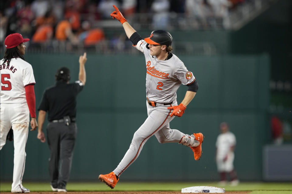 Baltimore Orioles' Gunnar Henderson rounds second base on a solo home run against the Washington Nationals during sixth inning of a baseball game at Nationals Park in Washington, Wednesday, May 8, 2024. (AP Photo/Susan Walsh)