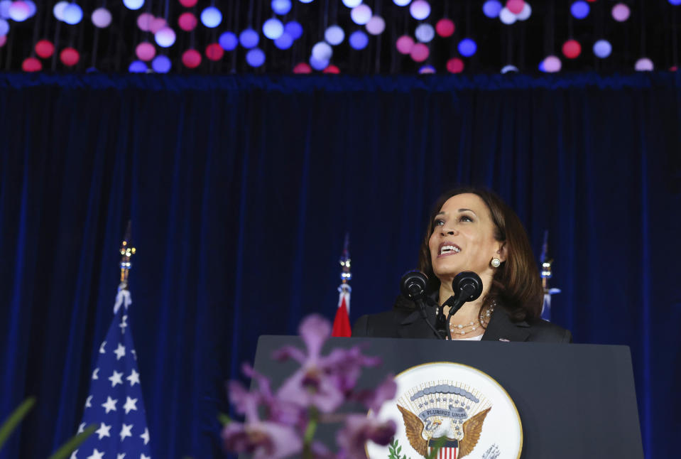 U.S. Vice President Kamala Harris delivers a speech at Gardens by the Bay in Singapore before departing for Vietnam on the second leg of her Southeast Asia trip, Tuesday, Aug. 24, 2021. (Evelyn Hockstein/Pool Photo via AP)