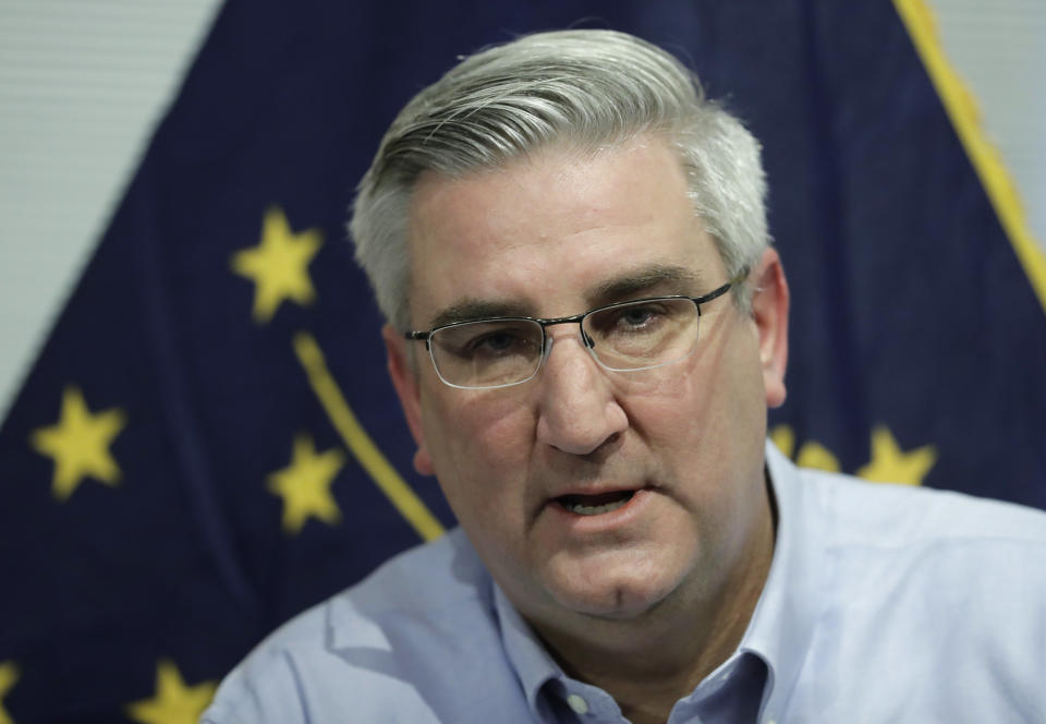 FILE - In this Dec. 6, 2018 file photo Indiana Gov. Eric Holcomb speaks about his agenda priorities for the upcoming legislative session, in Zionsville, Ind. Holcomb wants Indiana off a short list of five states that do not have a hate crimes law. But as the annual legislative session in this deeply conservative state nears, some caution that the debate could spiral into a bitter culture war. (AP Photo/Darron Cummings File)