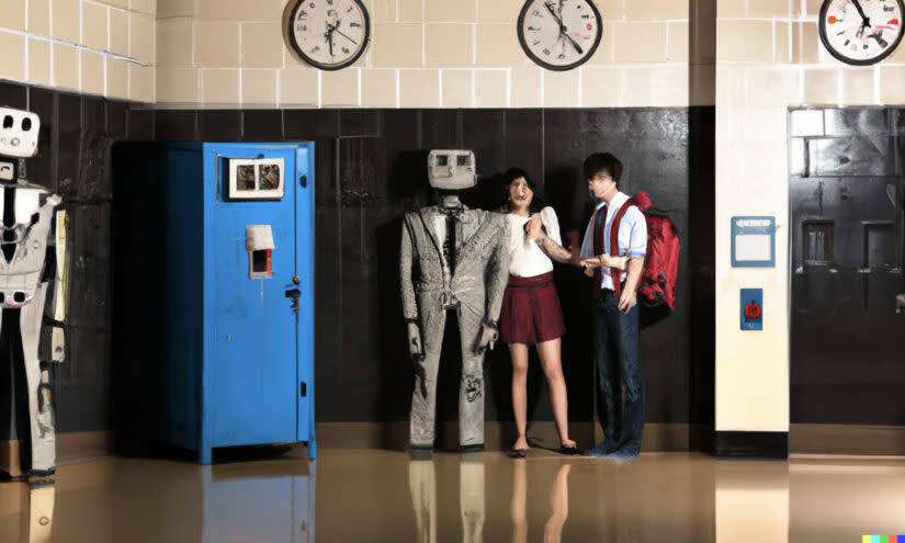 An AI generated image by Dall-E prompted with text “robot hanging out with cool high school students in front of lockers ” (Dall-E)