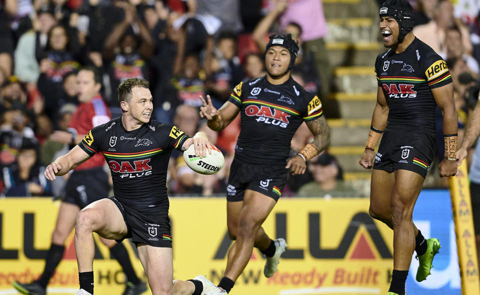 Dylan Edwards, pictured here celebrating a try for the Panthers against the Sea Eagles.