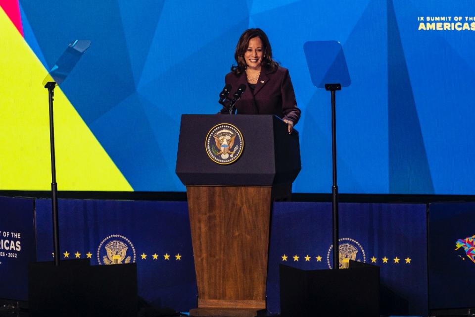 Kamala Harris attends the IX Summit of the Americas conference at Microsoft Theater in Los Angeles on June 8, 2022. - Credit: Ted Soqui/Sipa USA via AP