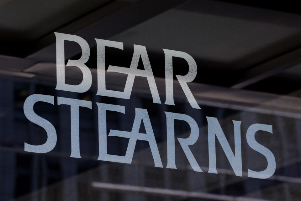 FILE - In this July 18, 2007 file photo, the logo for Bear Stearns is shown at its corporate headquarters in New York. The New York attorney general's office has hit JPMorgan Chase & Co. with a civil lawsuit, alleging that investment bank Bear Stearns — prior to its collapse and subsequent sale to JPMorgan in 2008 — perpetrated massive fraud in deals involving billions in residential mortgage-backed securities. (AP Photo/Mark Lennihan, File)