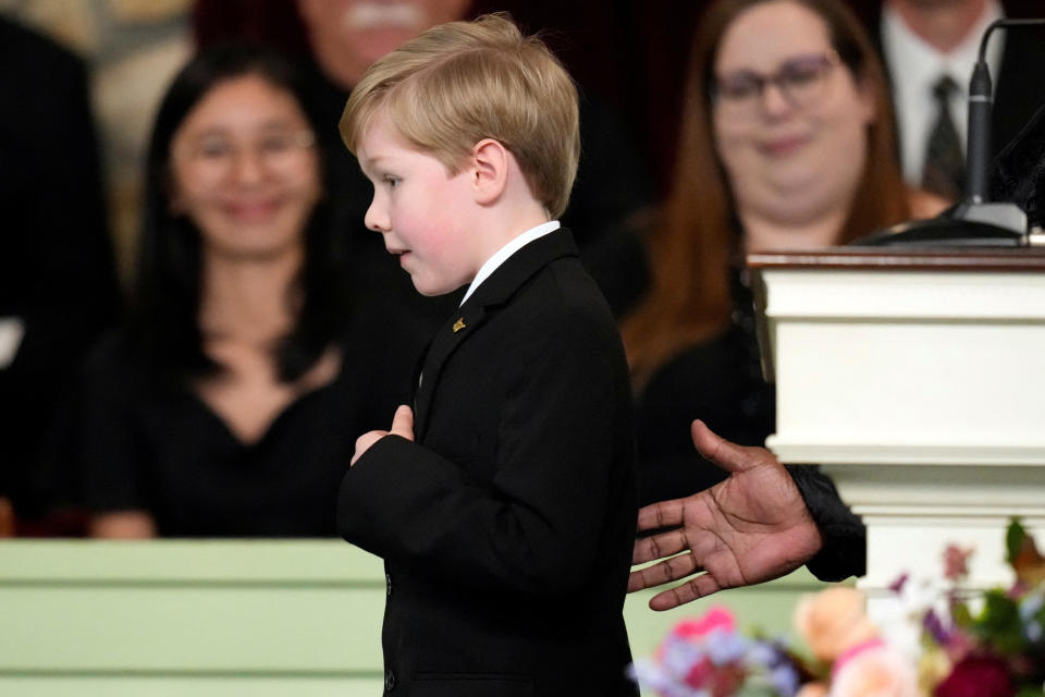 Charles Jeffrey Carter walks from the pulpit after reading a scripture during the funeral service for his great grandmother, first lady Rosalynn Carter. / Credit: Alex Brandon/Pool via REUTERS