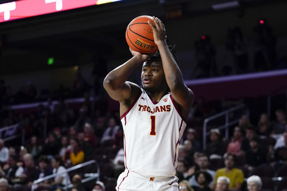 Southern California guard Isaiah Collier shoots during the first half of an NCAA college basketball game against Brown, Sunday, Nov. 19, 2023, in Los Angeles. (AP Photo/Ryan Sun)