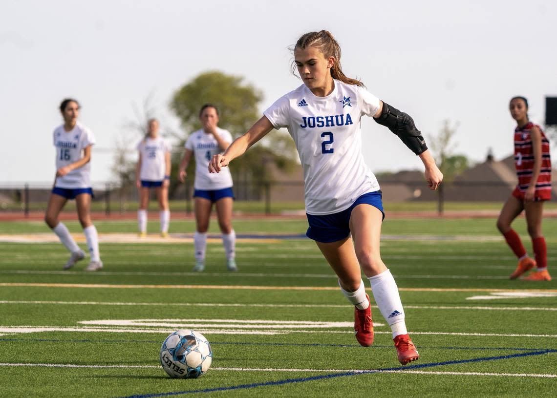 Joshua’s Kynli Miller winds up for a shot against Justin Northwest in a Class 5A area-round girls soccer match on Friday, March 29, 2024 at Boswell High School in Fort Worth ,Texas. Joshua won 4-1. Oscar Perez/O&D Sports Photography