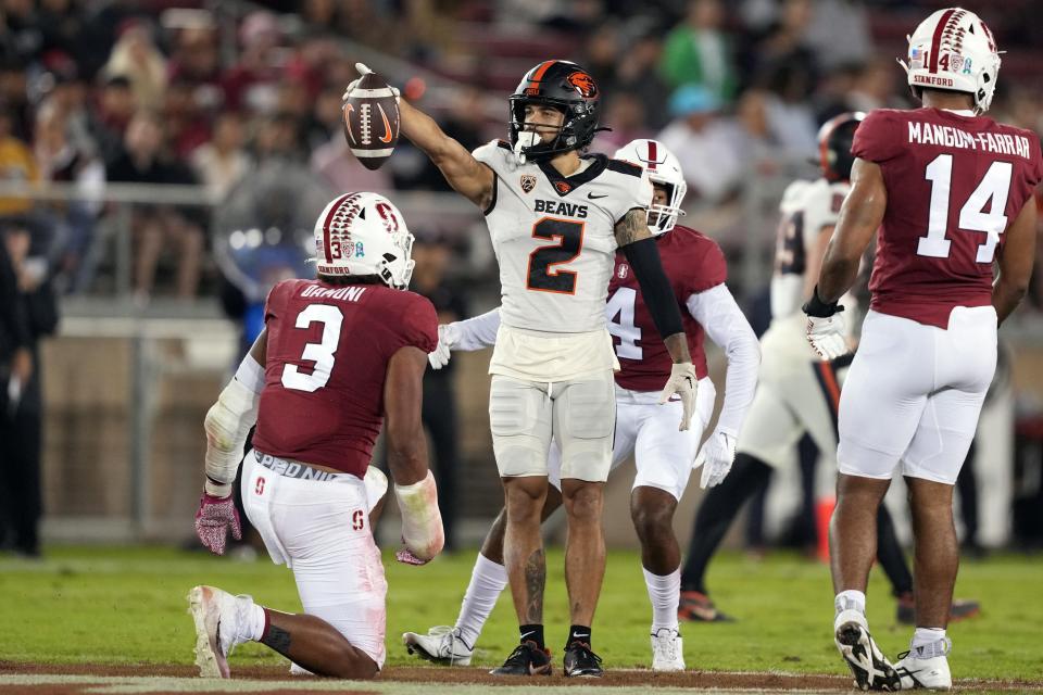 Oregon State Beavers wide receiver Anthony Gould (2) reacts after catching a pass for a first down against the Stanford Cardinal during the first quarter at Stanford Stadium on Oct. 8, 2022, in Stanford, California.