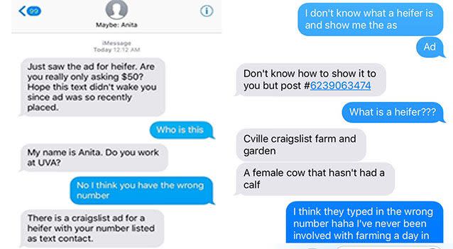 Shannon Barbour woke up to confusing messages inquiring about a bovine he supposedly had for sale. Picture: Shannon Barbour/Twitter