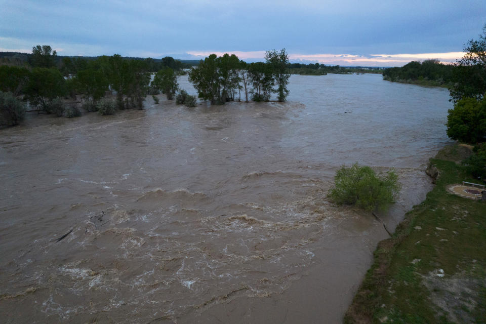 The roaring Yellowstone River is seen from the air sweeping over trees and near homes Tuesday, June 14, 2022, in Billings, Mont. (AP Photo/Brittany Peterson)