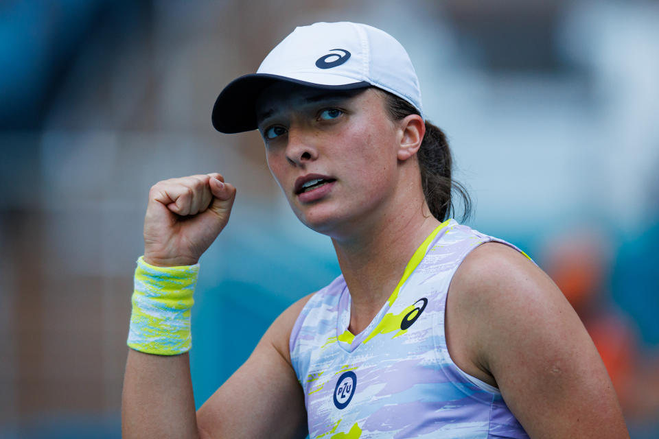 Iga Swiatek, pictured here after her victory over Coco Gauff at the Miami Open.