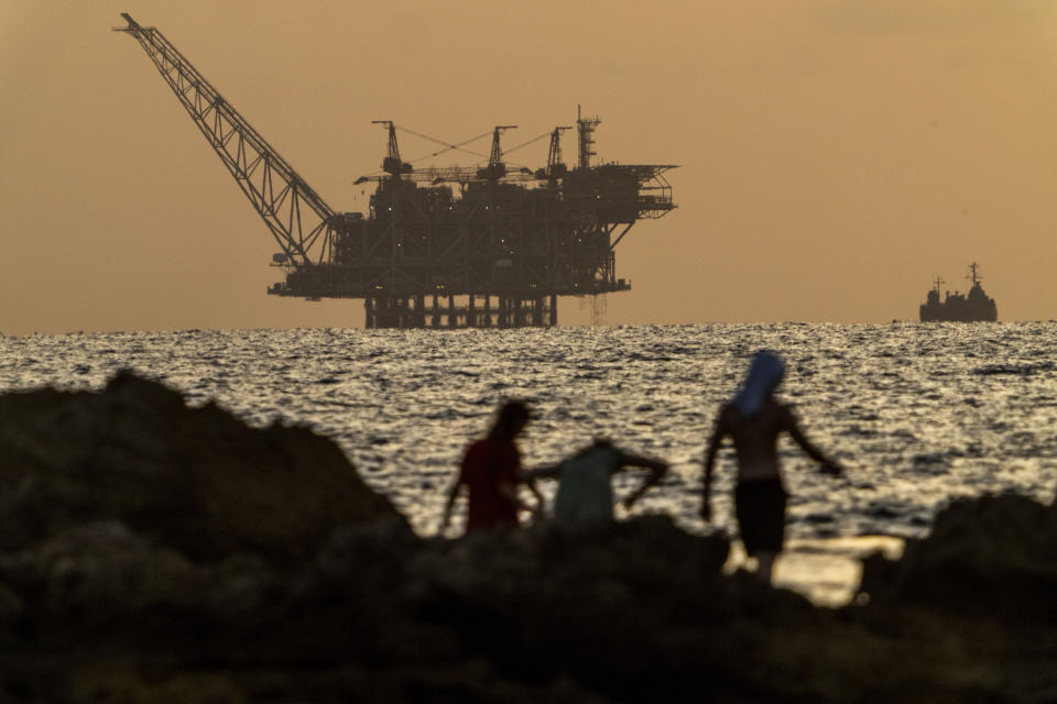 An oil platform in Israel's offshore Leviathan gas field is seen while an Israeli navy vessel patrols the Mediterranean Sea, Israel, Friday, Sept. 20, 2024. (AP Photo/Ariel Schalit)