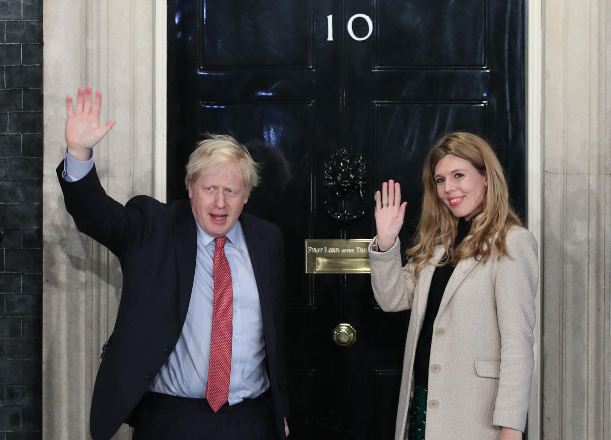 File photo dated 13/12/19 of Prime Minister Boris Johnson with partner Carrie Symonds, they have announced that they are expecting a baby in the early summer and that they have got engaged.