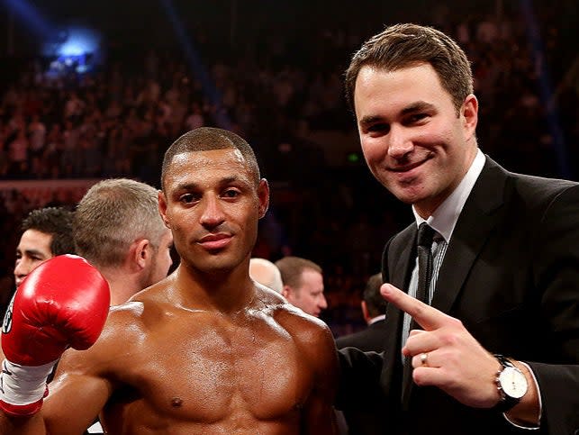 Kell Brook celebrates his victory over Hector Saldivia with Eddie HearnGetty