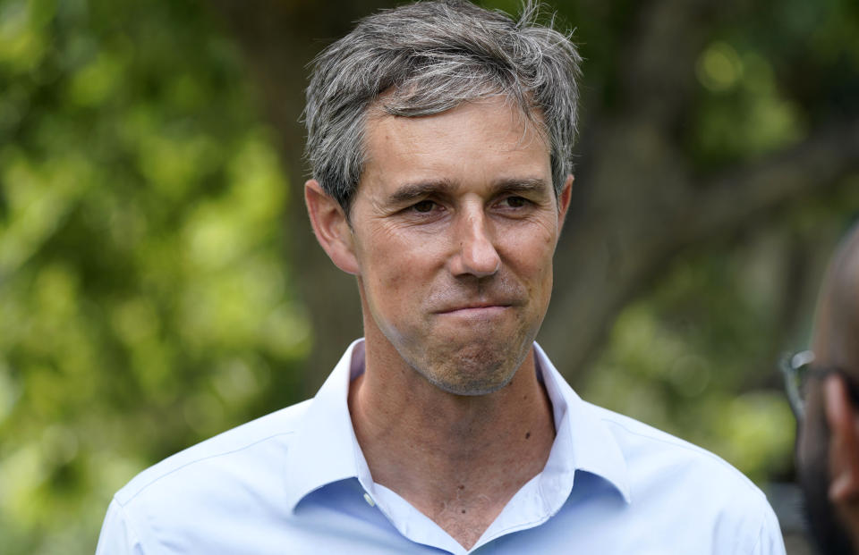 FILE - Democrat Beto O'Rourke listens to a volunteer before a Texas Organizing Project neighborhood walk in West Dallas on June 9, 2021. O'Rourke said Tuesday, Jan. 18, 2022, that his campaign for Texas governor raised $7.2 million in the first six weeks of a race that could wind up as one of the nation's most expensive in 2022. (AP Photo/LM Otero, File)