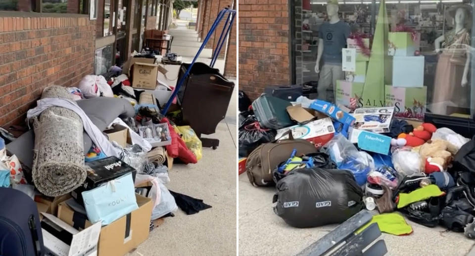 Items are seen dumped outside a Salvation Army store in Melbourne.